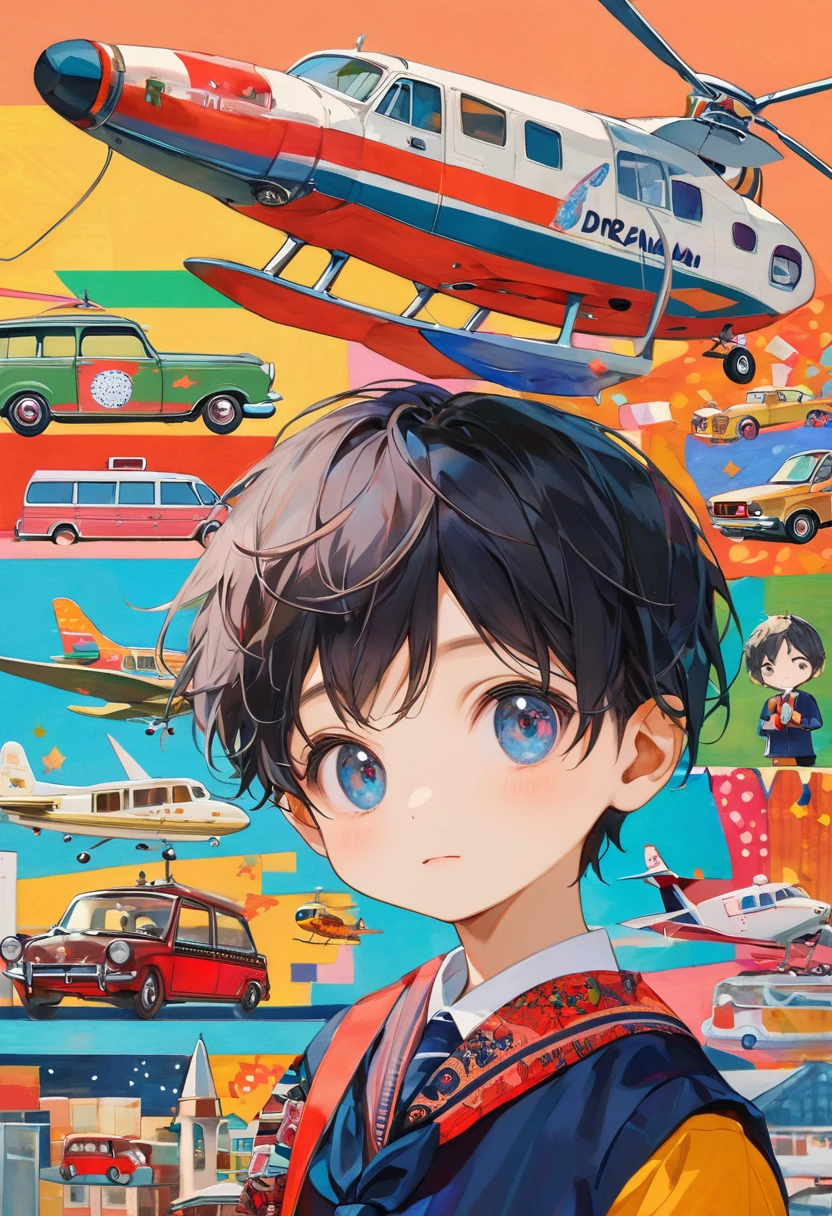 (masterpiece, best quality),
woodblock print collage depicting,chibi,chibi-boy,detailed face,side view,he is surrounded by airplane and car symbols,wearing boy's school-uniform,helicopter, rocket,colorful, The color scheme is bright and vibrant, creating a festive atmosphere for celebrating dream,collage art, contemporary artistic collage,