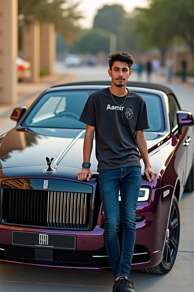 Generate a pic of rolls-royce la rose noire droptail with a Pakistani youth sit on car and written name of his shirt is 'Aamir' and the name is clear show for Mobile Wallpers and show fly drone pic 
picturee in HD 