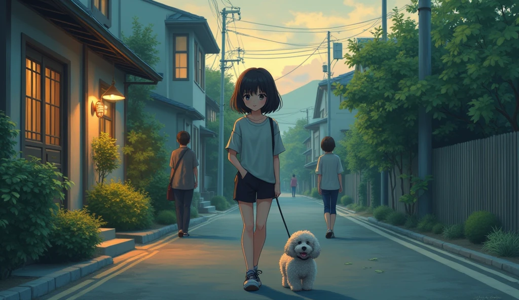 Makoto Shinkai's style A female college student with a bob haircut listens to music on headphones while walking her toy poodle through a residential area in the evening。There are parents and children and elderly people taking walks around the area.。