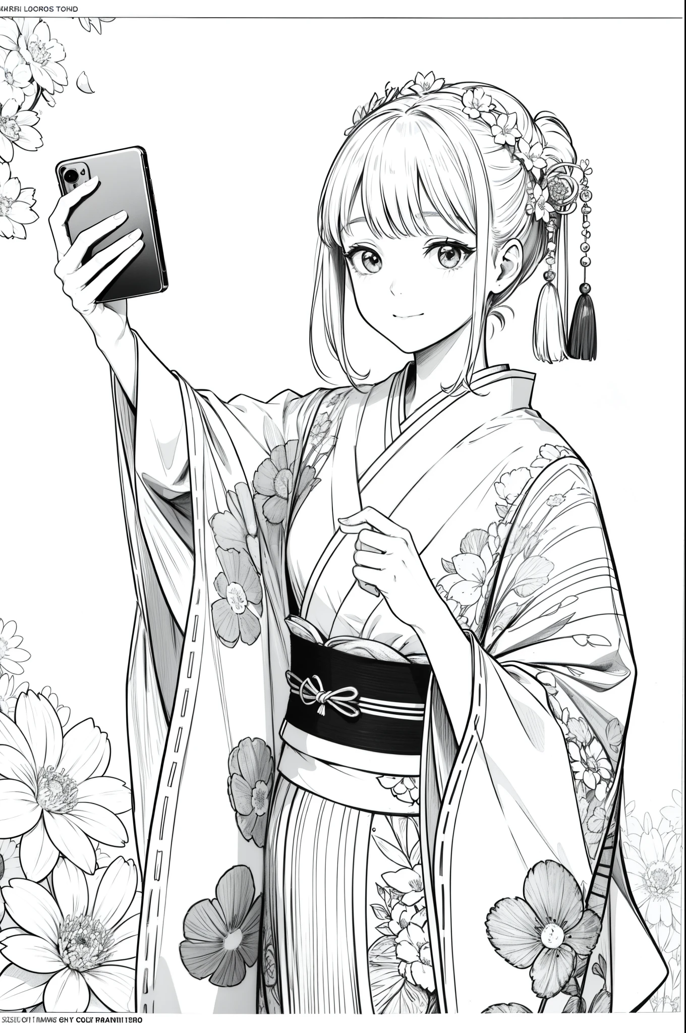 Masterpiece, top class, unique, cute, flowers, line drawing background, white background, monochrome, line drawing, ((sketch)), creepy, white eyes, create a monochrome coloring book that even adults can easily do, a realistic and cute ukiyo-e of a smiling girl in a kimono with the Great Buddha of Nara in the background, taking a selfie with a smartphone in one hand, conveying Japanese culture.