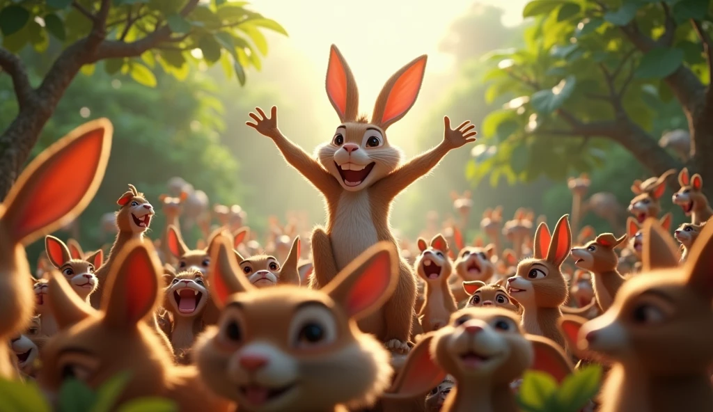 In Cinematic 3d style image " Scene 9: The Animals Celebrate
Description: The jungle is shown lively again, with animals rejoicing. The rabbit is lifted high by the other animals as they celebrate their newfound freedom. The atmosphere is joyful and filled with gratitude towards the rabbit.
Focus: The joyful expressions of the animals and the rabbit being honored as the hero.
This prompt should help in visualizing each scene of the story effectively.