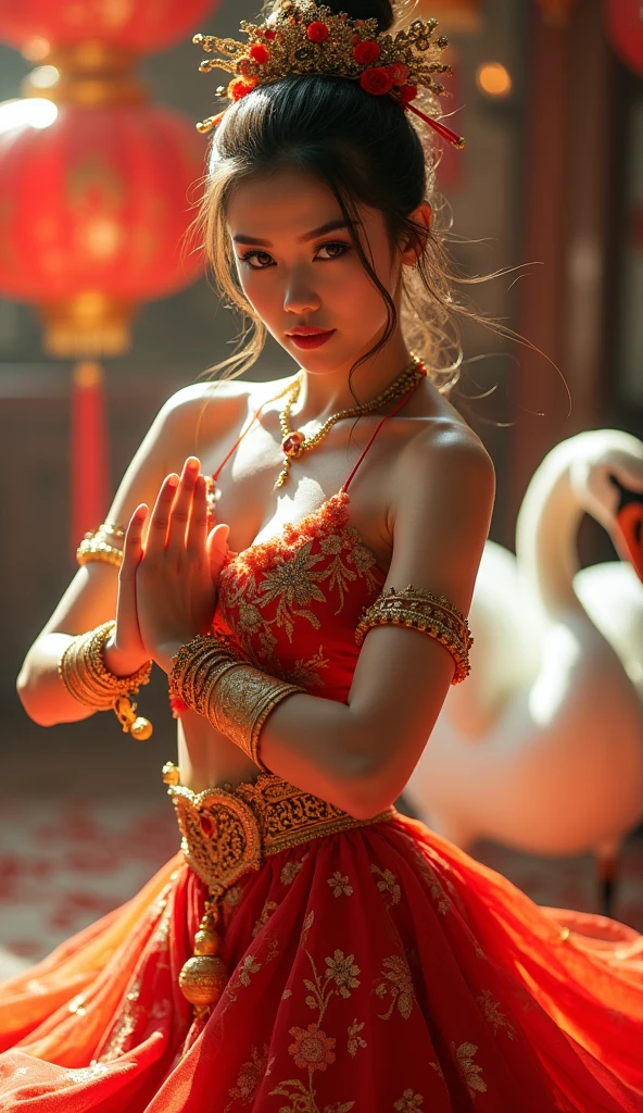 a martial arts fighter in a colorful outfit, wearing a fancy dress, dancing at a , elegant movement, beautiful detailed eyes, beautiful detailed lips, extremely detailed face, long eyelashes, detailed jewelry, glowing skin, intricate decorations, festive lighting, (best quality,4k,8k,highres,masterpiece:1.2),ultra-detailed,(realistic,photorealistic,photo-realistic:1.37),vibrant colors,dynamic pose,dramatic lighting,portrait,,HUGE BREASTS AND DETAILED CLEAVAGE,, DETAILED ABS,ABS,ABS. LOOKING AT A SWAN
