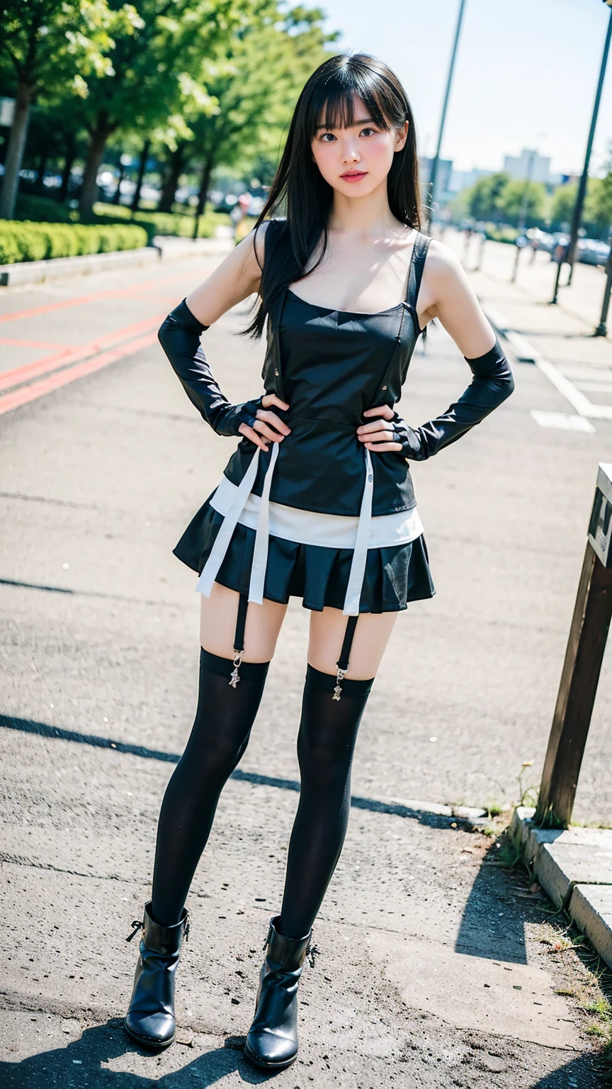 (8k、RAW Photos、Highest quality、masterpiece:1.2)、(Realistic、Realistic)、1 person、((black and white、Medium Hair、Cleavage、tights、Gloves、Garter Ring、mini skirt、Thin legs、whole body、boots、View from the front、Looking into the camera、Night Park、Stand with hands on hips))、cute
