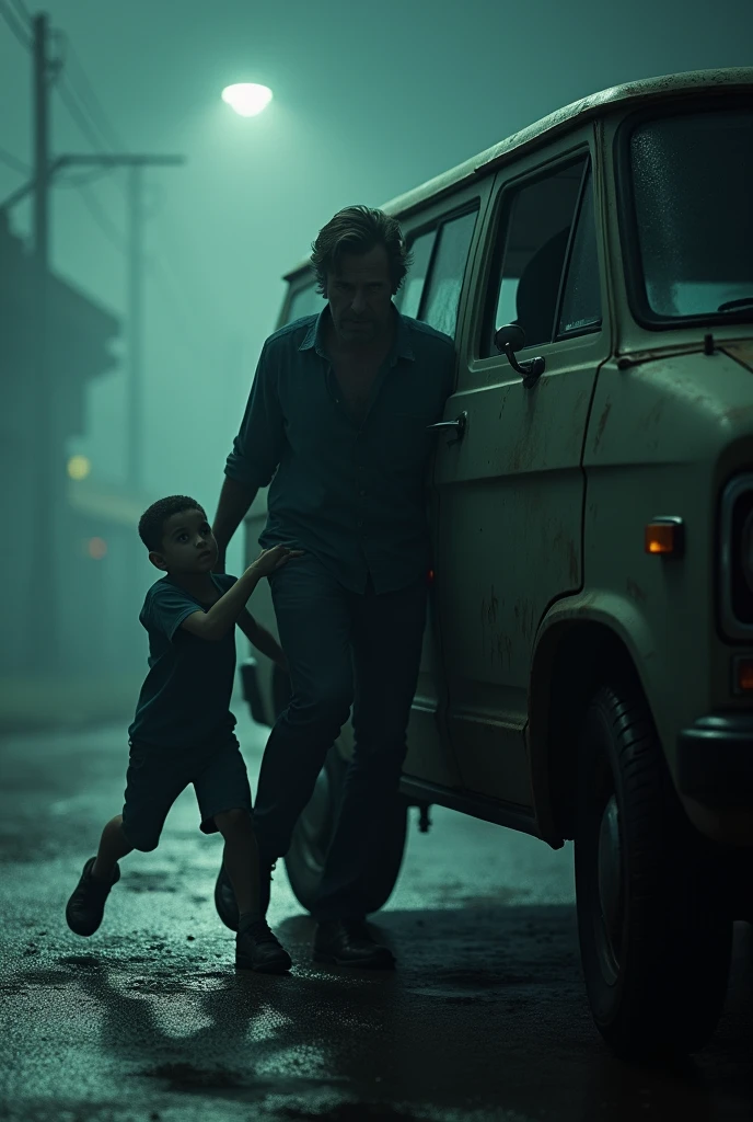 cinematic, photorealistic film poster of a man pushing an old van from behind while struggling, an  boy on the ground grabbing mans leg to avoid not pushing the van, late night, misty air, dark, fear