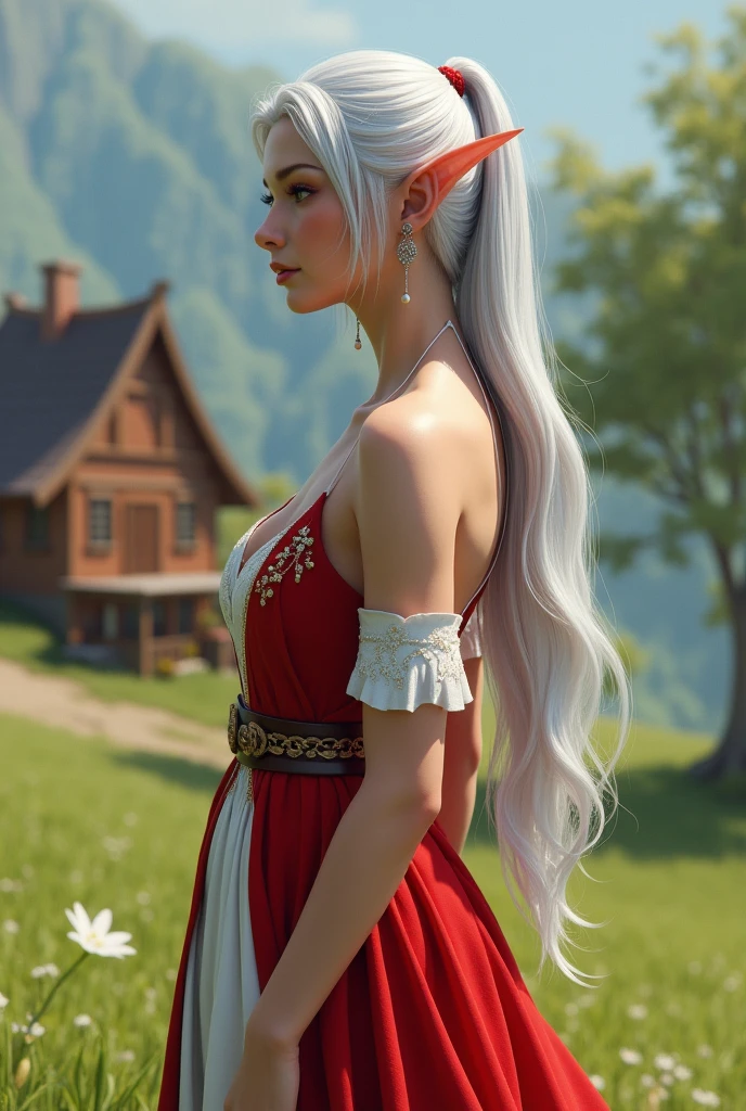 Full-body portrait. Concept art. CAD, A beautiful silver-haired elven woman, wearing a red and white v neck dress, is looking at the scenery on the edge of a beautiful hill. The background is a simple house made full of shiny brown wood in an elven village. The background of the house is a beautiful elven village. This scene is a very detailed and professional 3D digital art. 8k high resolusi
