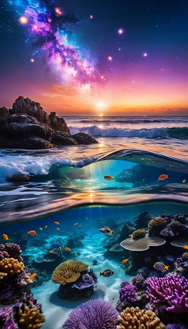 The image depicts a dreamlike and captivating underwater scene, where imagination meets reality. In the foreground, a woman diver detailed explores the depths of a colorful coral reef, surrounded by small bioluminescent creatures that dance around her, leaving behind luminous trails. The tropical fish with pulsating lights and the vibrant corals of all colors enhance the brilliance of this underwater landscape. Bioluminescent orbs float in the water, emitting a soft blue light and creating mystical reflections. As we move towards the water's surface, the composition transforms into a cosmic vision. A powerful wave breaks, revealing within its swirling crests a massive human eye, symbolizing divine observation. Just above this wave, a dolphin leaps gracefully, leaving behind a trail of stardust, connecting the sea and the starry sky. Ethereal bubbles reflecting the cosmic sky float gently around the underwater scene.The sky in the background is a blend of blue, violet, and golden hues, with a luminous moon that appears both near and far. The scene is enveloped in a shimmering mist, giving it an ethereal quality. This fusion of marine and celestial elements creates a surreal and poetic scene, inviting the viewer to dive into a waking dream where the boundaries between worlds blur.