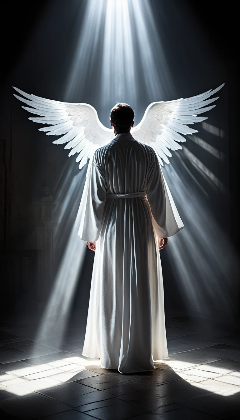Dramatic figure in white robe, angel of death, holding a glowing white shadow or aura, in an ethereal otherworldly setting full of mystical light, highly detailed cinematic lighting, photorealistic, dramatic shadows, cinematic composition, glowing edges, dramatic atmosphere, intricate details, dramatic contrast