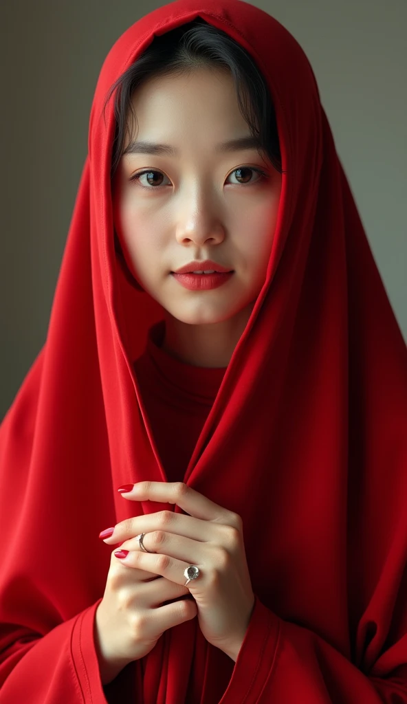 (photorealism:1.2), beautiful Chinese Moslem, very beautiful Chinese Moslem female, long red hijab and long abaya, very detailed fingers, beauty red nails, high resolution, HDR