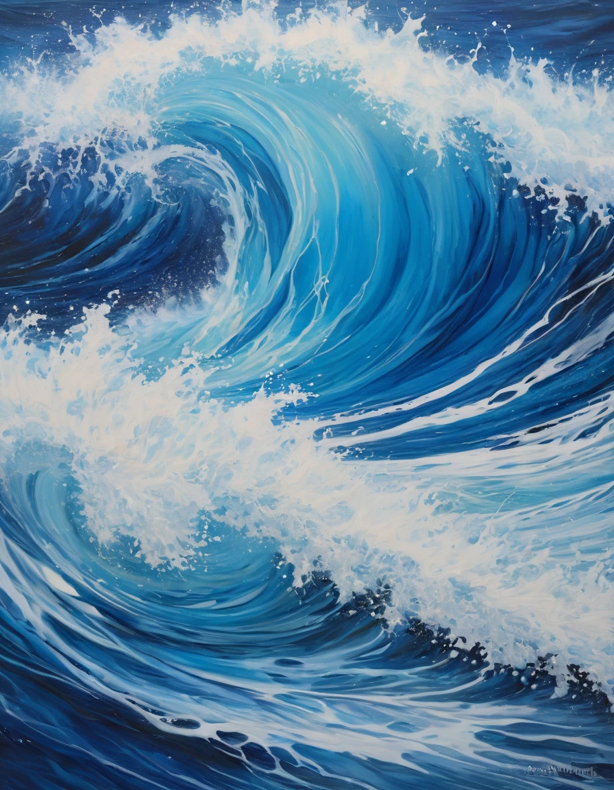 Masterpiece, best composition, top quality,painting of a wave in the ocean with blue water, swirling water cosmos, azure waves of water, painting of splashing water, blue crashing waves, swirling flows of energy, intricate flowing paint, water elemental, detailed acrylic painting, intricate water, swirling fluid, foamy waves, swirling liquids, pour painting art, fluid acrylic pour art