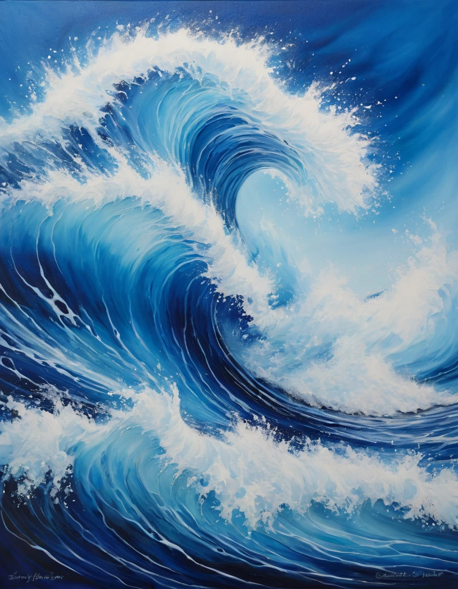 Masterpiece, best composition, top quality,painting of a wave in the ocean with blue water, swirling water cosmos, azure waves of water, painting of splashing water, blue crashing waves, swirling flows of energy, intricate flowing paint, water elemental, detailed acrylic painting, intricate water, swirling fluid, foamy waves, swirling liquids, pour painting art, fluid acrylic pour art