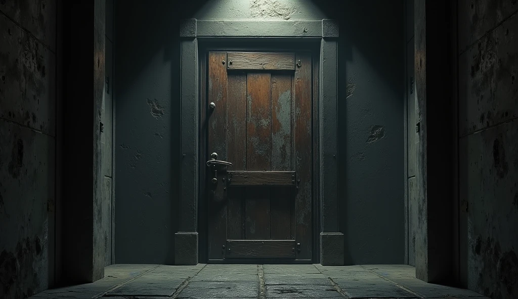 a heavy closed old door in a dimly lit corridor, slightly ajar,