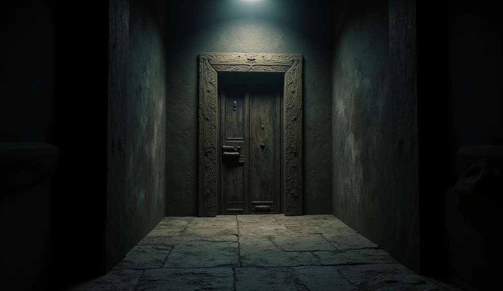 a heavy closed old door in a dimly lit corridor, slightly ajar,
