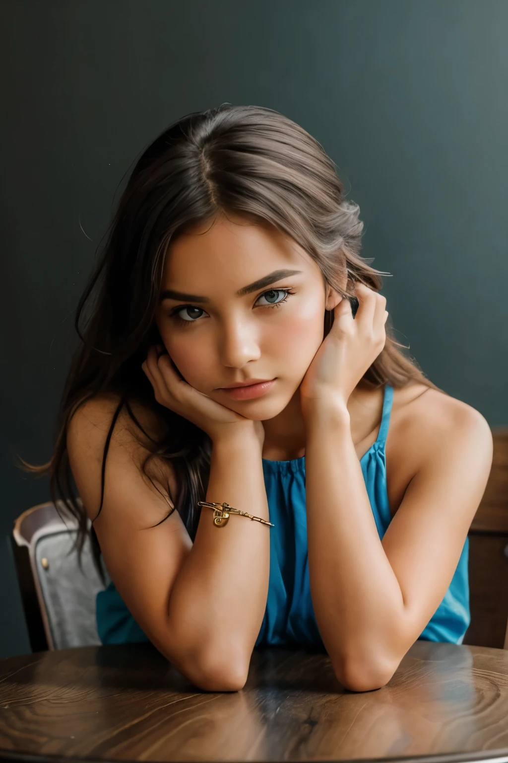 Very pretty girl well dressed alone , in the foreground a small round metal table her elbow is resting on the table and she has her head resting on her hands With a single-color background
