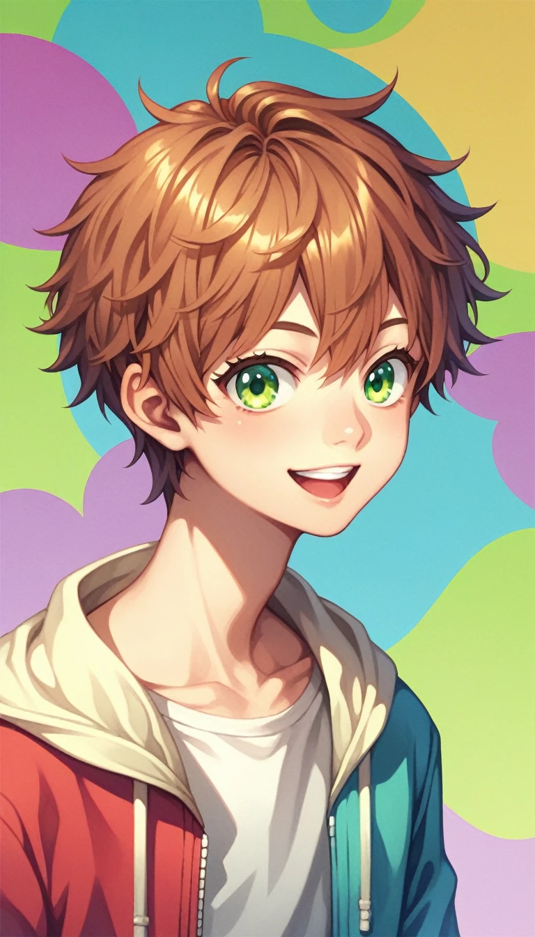Anime Style, Puppy boys, happy, Reddish brown hair, Green Eyes, Sharp eyes, short hair, Calm. wise, Spoiled type, Pop graffiti background, Surrealism, Expressionism, Anime Style, Cast a Shadow, Film Grain, Vignetting, silhouette, 1080P, Anatomically correct