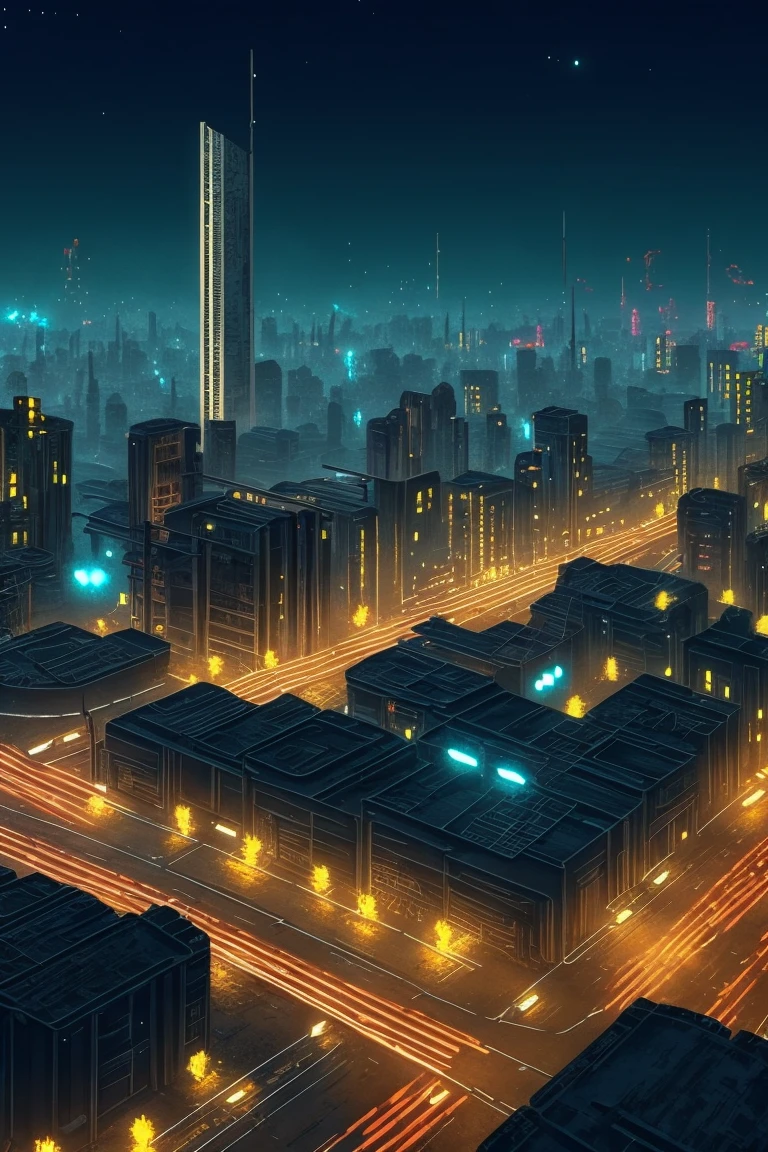 retro video game concept art, 8 bit videogame, simple pixel apocalyptic city ruins from directly above, skyscraper on center, 3 independent sectors connected by bridges,post punk urban background , HEXAGON, add_detail:1, add_detail:0, add_detail:0.5, no humans, at night, dark and lonely city