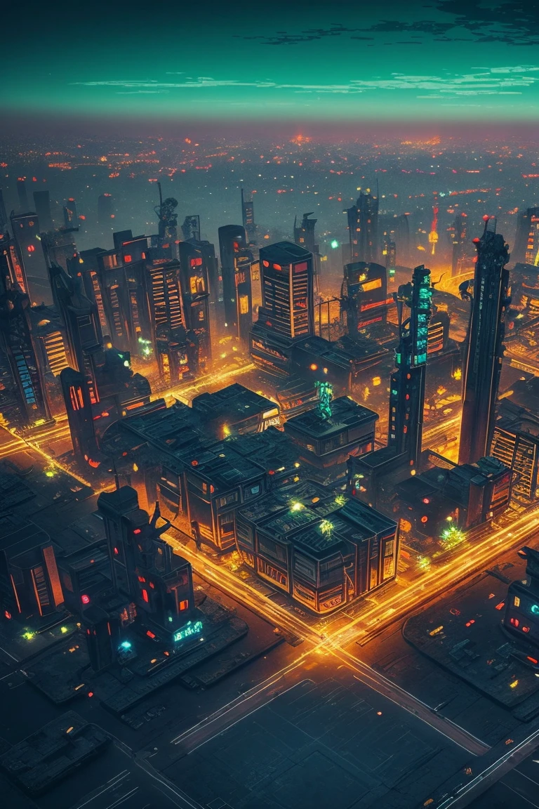 retro video game concept art, 8 bit videogame, simple pixel apocalyptic city ruins from directly above,  skyscraper on center, 3 independent sectors connected by bridges,post  punk urban background , HEXAGON, add_detail:1, add_detail:0, add_detail:0.5, no humans, at night, dark and lonely city
