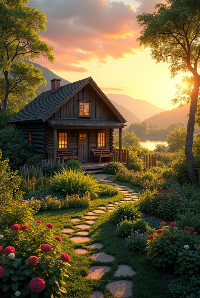 Cabin scenery with gardens at sunset