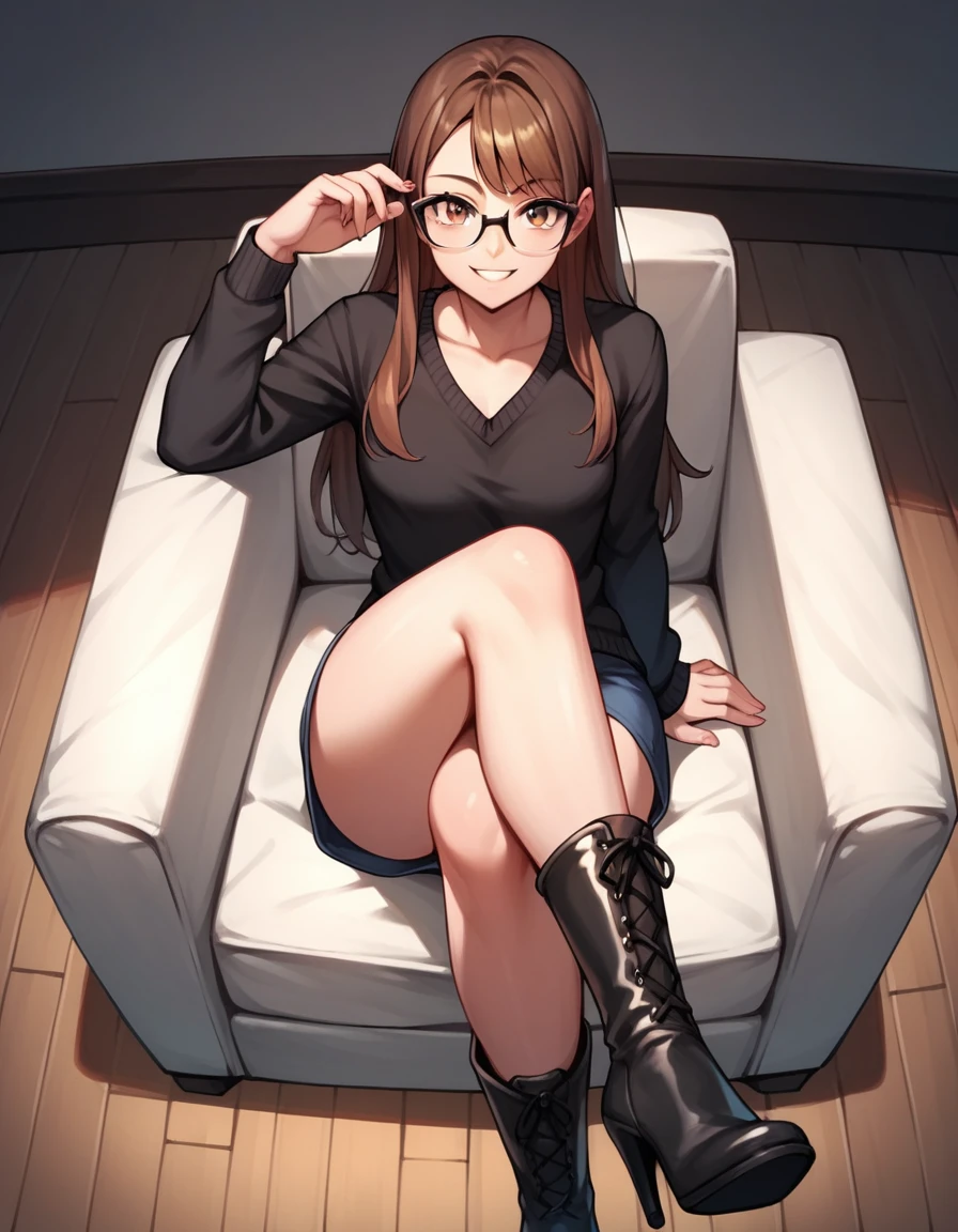 score_9, score_8_up, score_7_up, score_6_up, score_5_up, score_4_up, source_anime, 1girl,lora:amber1-000008:1>, amber5star, upper body, smile, brown hair, long hair, brown eyes, glasses, black cardigan, above ankle boots, heels, crossed legs, looking at the viewer, sofa, sit, room, best quality, best res, 4K UHD,
 