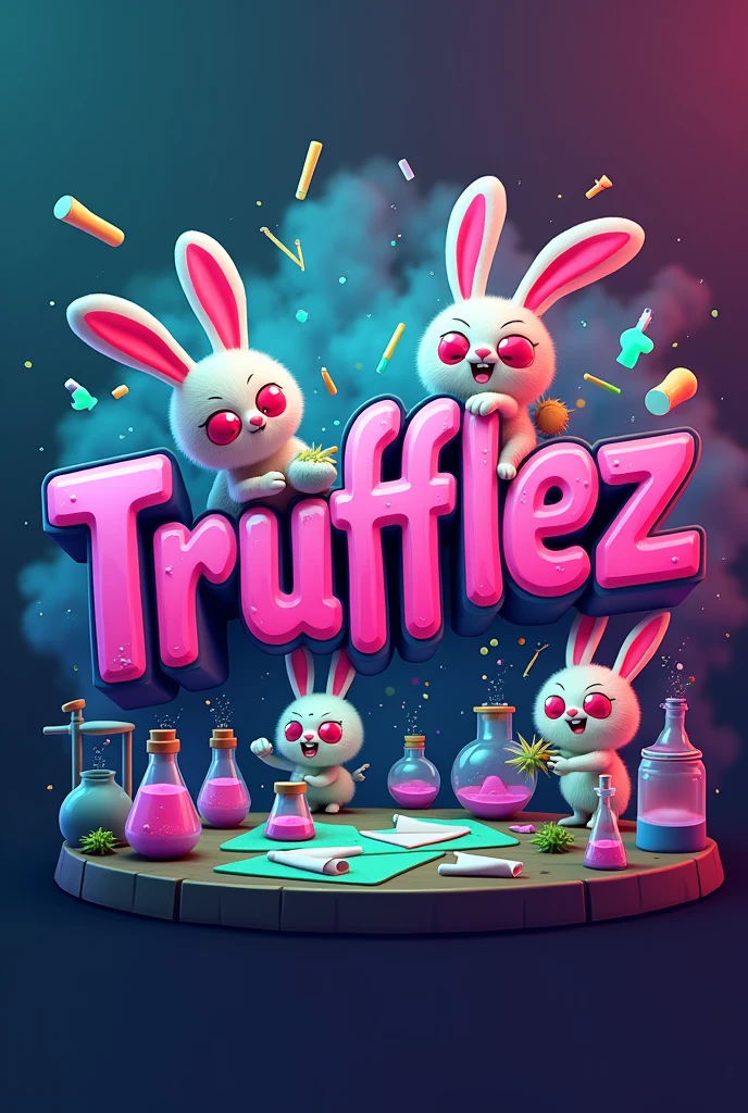 logo name "Trufflez", funky 3D vibrant font, vibrant pink, blue, purple, green colour, science lab background, marijuana, exotic, smoke everywhere, raws rolling paper, lighter, stoned mini red eye crazy bunny cartoon characters testing weed strain in science lab with potions, marijuana, vibrant, high resolution