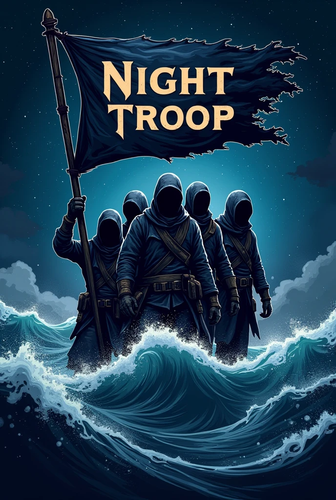 Create a logo with an outer space feel , sea and pirate themed dark night troop with a flag that says nigt troop