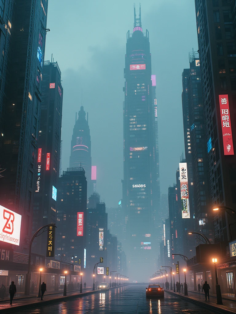 A vast giant complex advanced futuristic cyberpunk city intricate and vivid details at night hazy environment, giant holograms, big billboards.