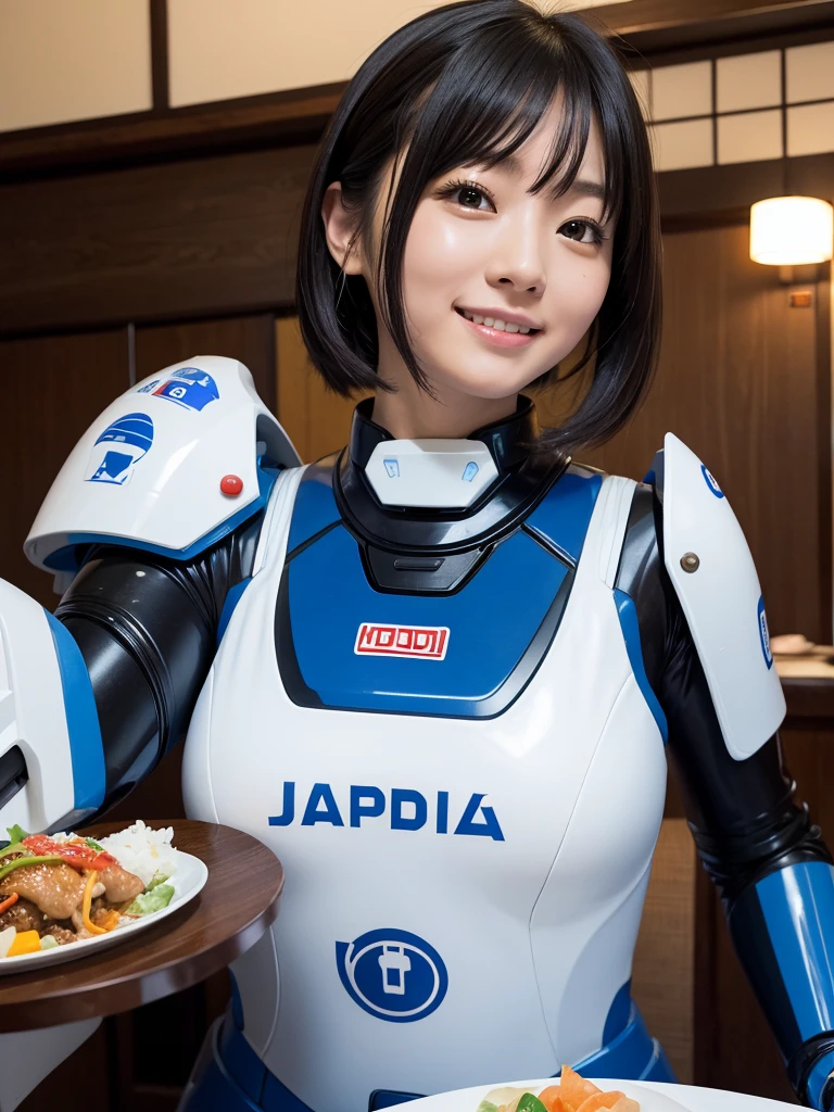 Japanese female android,Black Hair,White and blue robot suit,Plump,Eating Japanese food at a Japanese inn,smile