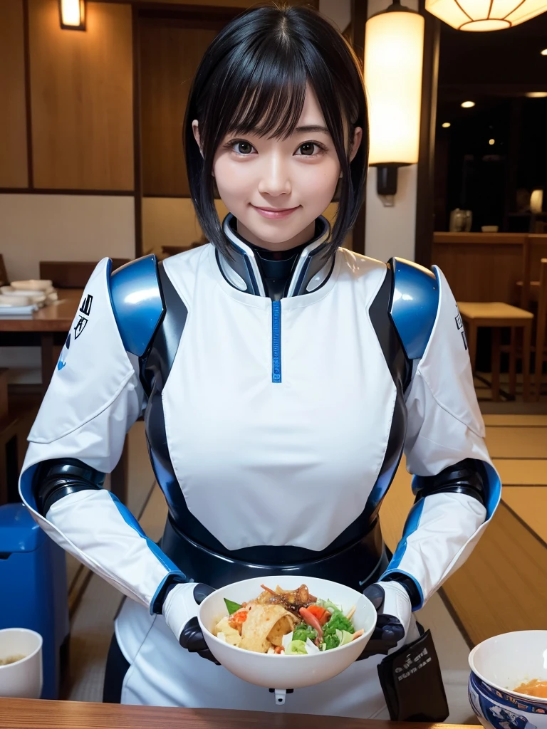 Japanese female android,Black Hair,White and blue robot suit,Plump,Eating Japanese food at a Japanese inn,smile