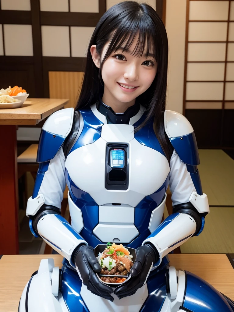 Japanese female android,Black Hair,White and blue robot suit,Plump,Eating Japanese food at a Japanese inn,smile