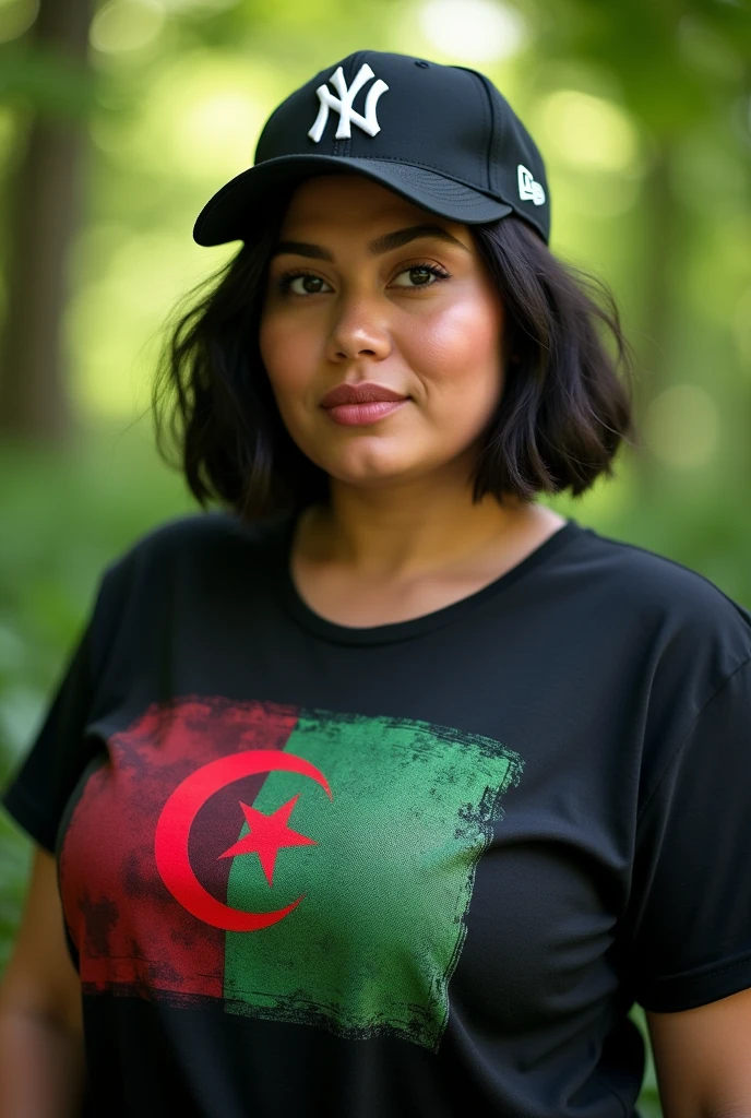 Close up, attractive woman, fat, Gorra ny yankees team 9fifty, black t-shirt with algerian flag detailed and tailored in green and white, green nature background