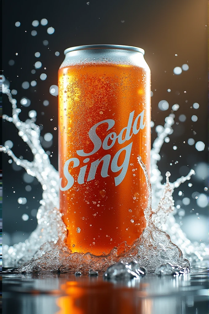 Fizzy soda with brown can and the brand is called soda sing and abit of water splashing behide the soda can