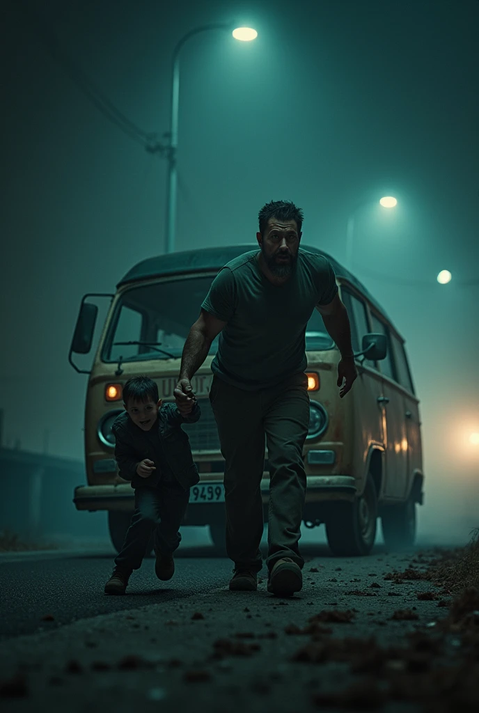 cinematic, photorealistic film poster of a man pushing an old van from behind with full force, an boy on the ground grabbing mans leg to avoid not pushing the van, late night, misty air, dark, fear