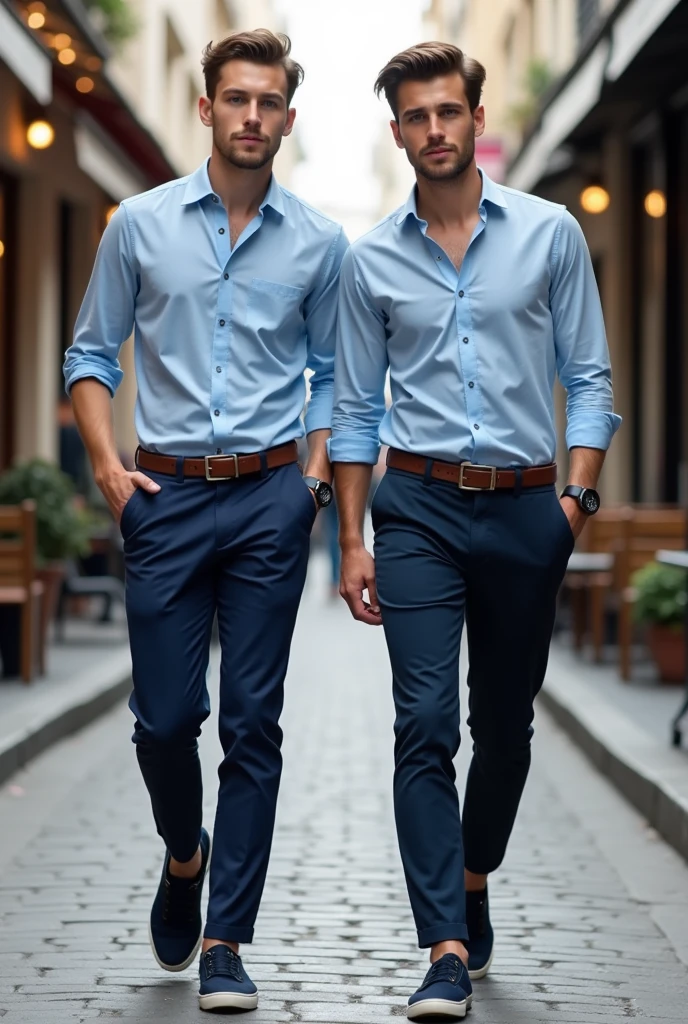 A 2 man whith smalling,beauty face ,braun hear,dark blue eyes walking in a quiet paris fashion shops bacground street, wearing lightblue coloured slim fit shirt, dark blue chinos and navy plimsols, full body, looking at viewer