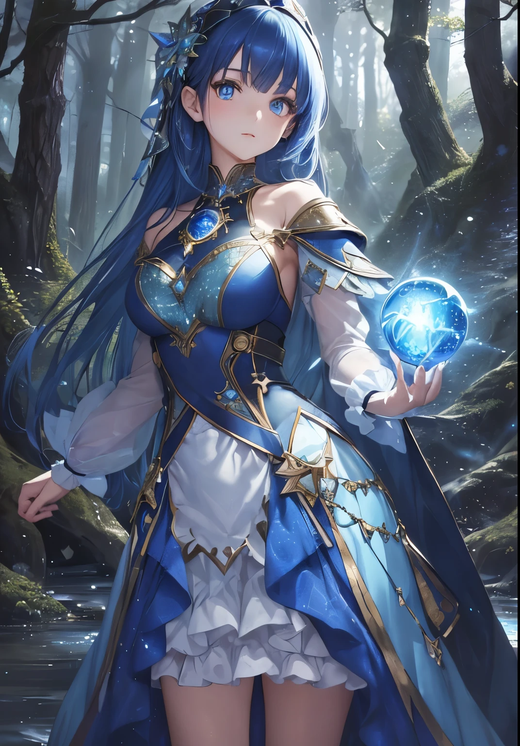 (masterpiece),best quality,depth of field,glass shards,simple background,1girl,looking at viewer,((She's holding a blue magical sphere covered in mystical energy in one hand))(Dark Blue Hair), deep Blue Clear Eyes,((Beautiful, detailed body))head to toe portrait:1.3))((, She's standing in a highly detailed magical forest with a river)) detailed sharp sparkly blue eyes!!