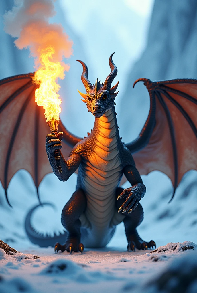 Dragon, (flamethrower), in Antarctica, ice, looking at the viewer, horns, quality, 