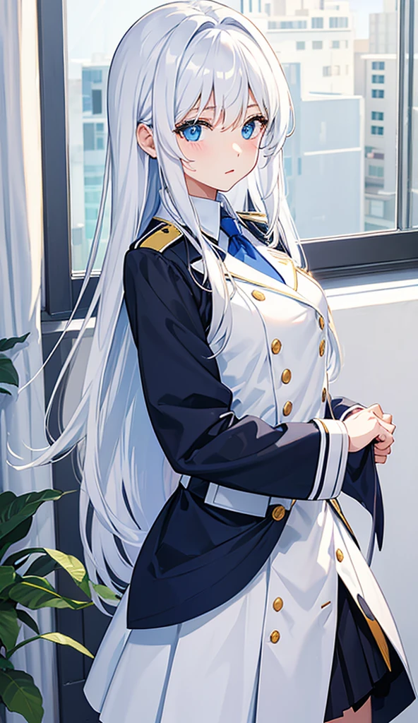 Uniform, white and blue, neat, long hair, cute, woman
