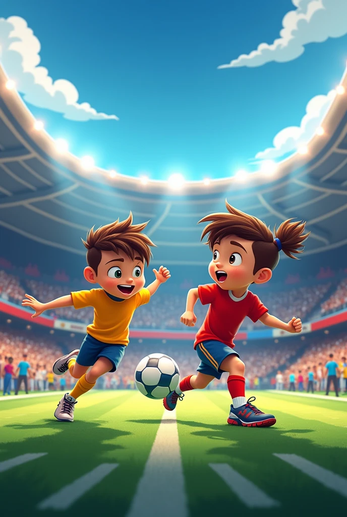 Cartoon of a 2 ager appearing on television, playing football in a stadium.