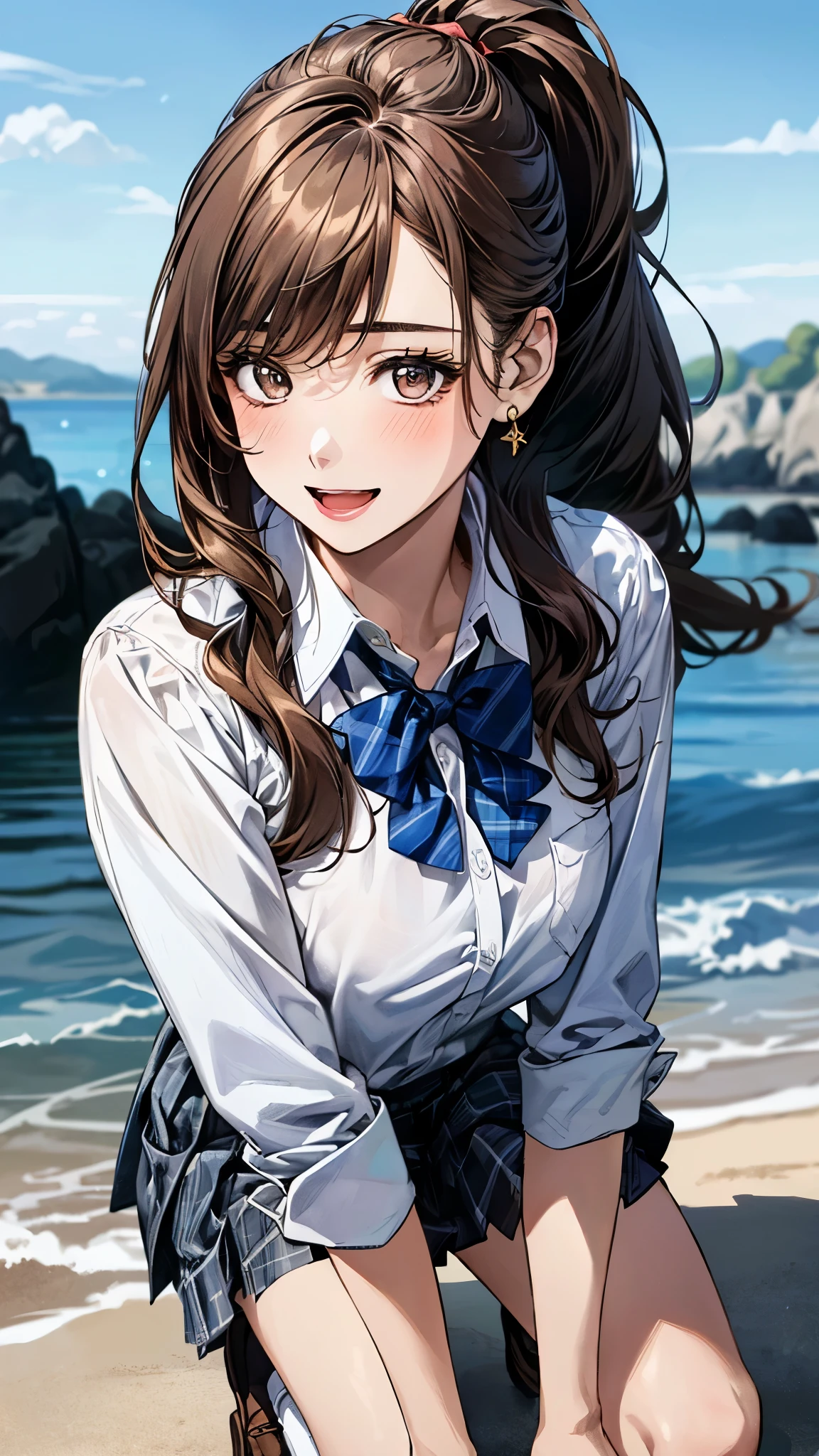 (masterpiece:1.3, top-quality, ultra high res, ultra detailed), (realistic, photorealistic:1.3), beautiful illustration, perfect lighting, natural lighting, colorful, depth of fields, surrealism,
beautiful detailed hair, beautiful detailed face, beautiful detailed eyes, beautiful clavicle, beautiful body, beautiful chest, beautiful thigh, beautiful legs, beautiful fingers, shiny skin, babyface,
looking at viewer, selfie, 1 girl, high school girl, (perfect anatomy, anatomically correct, super detailed skin), cute and symmetrical face, perfect face, perfect eyes,
(long hair, ponytail, wavy hair, chestnut hair), asymmetrical bangs, gold eyes, big eyes, drooping eyes, long eyelashes, (large breasts:1.5, seductive thighs), glamorous, outstanding style,
(detailed cloth texture, break light blue collared shirt, break light grey plaid pleated skirt, break navy blue plaid bow tie), navy socks, black loafer,
(beautiful scenery), evening, (shores, blue-sky), (crouching, pose with movement), (lovely smile, open mouth),