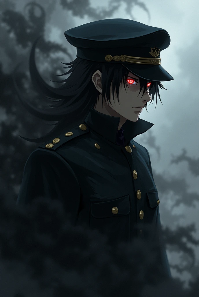 Young long black hair, black Schutzstaffel uniforms, man, with bangs, evil look, black and white image, with a hat, yellow eyes, black and white