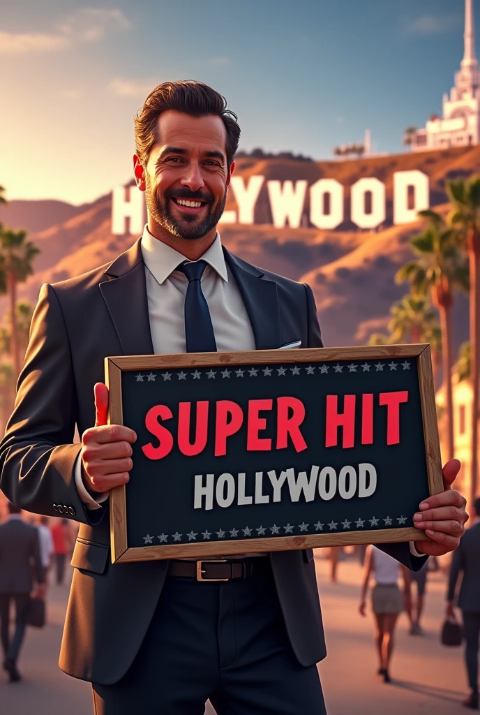 A man hold a bord titled super hit hollywood