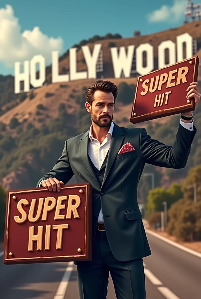 A man hold a bord titled super hit hollywood