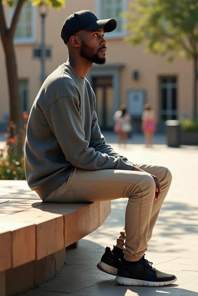 best qualityer:1.4), (ultra high resolution:1.2), (photorrealistic:1.4), (8k, CRU photo:1.2), a thin young man of 20 years old, skin black, with a smooth, beardless face, corte de cabelo buzzcut, He's wearing a black cap. He&#39;s wearing a gray sweatshirt. He is wearing beige jeans.  He&#39;s wearing black sneakers. He is sitting on a wooden bench in a simple square. You are looking to the right side. A thin person. It&#39;s sunny. There are people in the background 