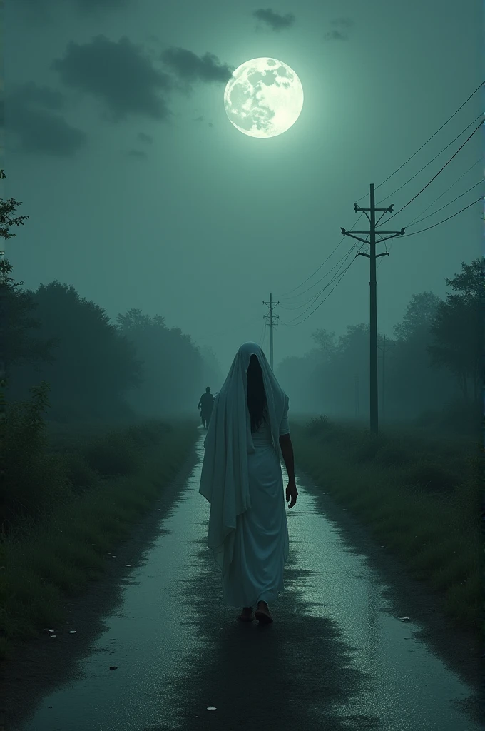 A dark, deserted road where only the moonlight is shining. A woman wrapped in a white sari is standing on the side of the road, her eyes are deep and empty. Ramu is on his bullock cart and stops on seeing the woman.
