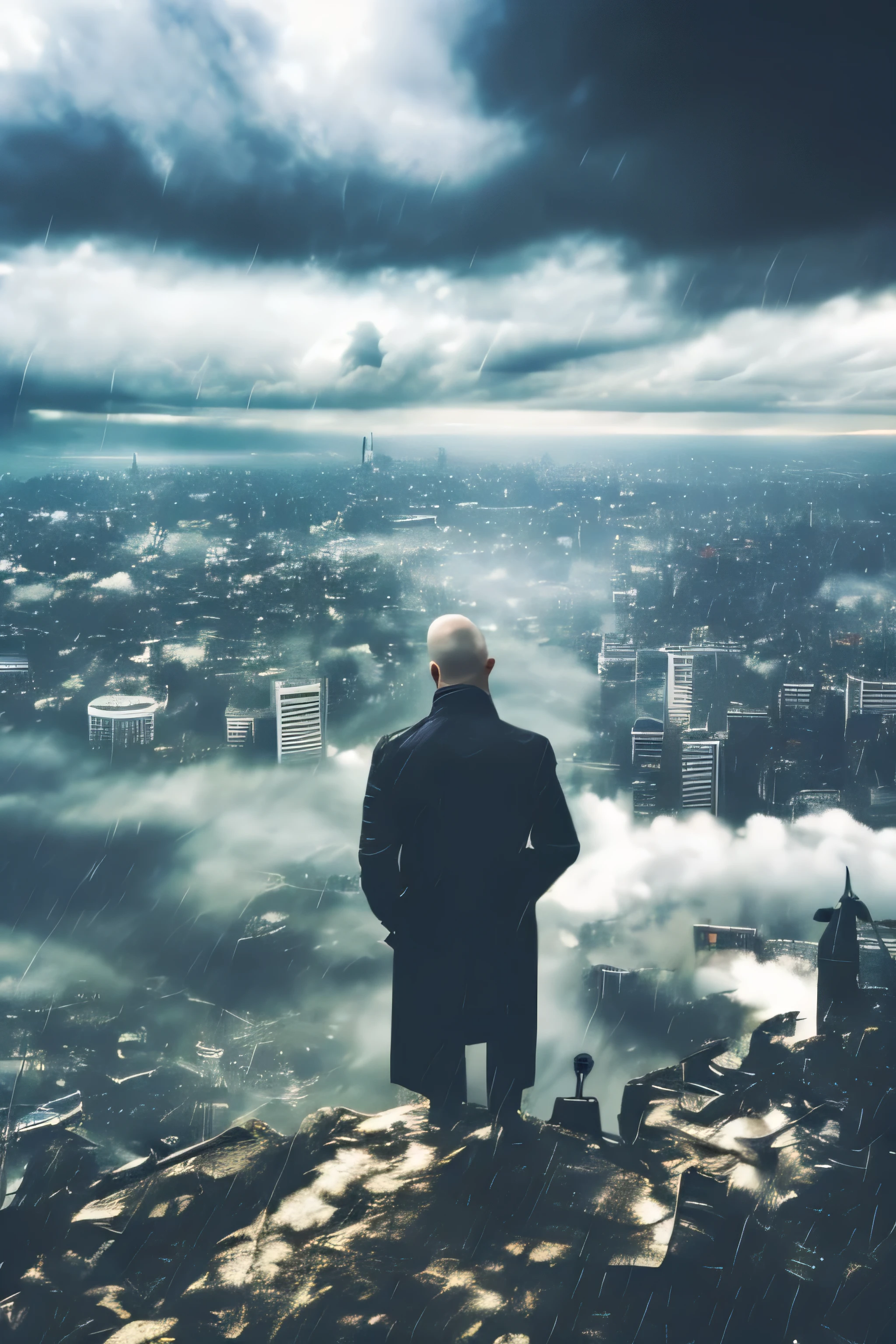 Young man without hair, on top of a building,black trench coat neat, on top of a building, rainy, cloudy, look at the sky