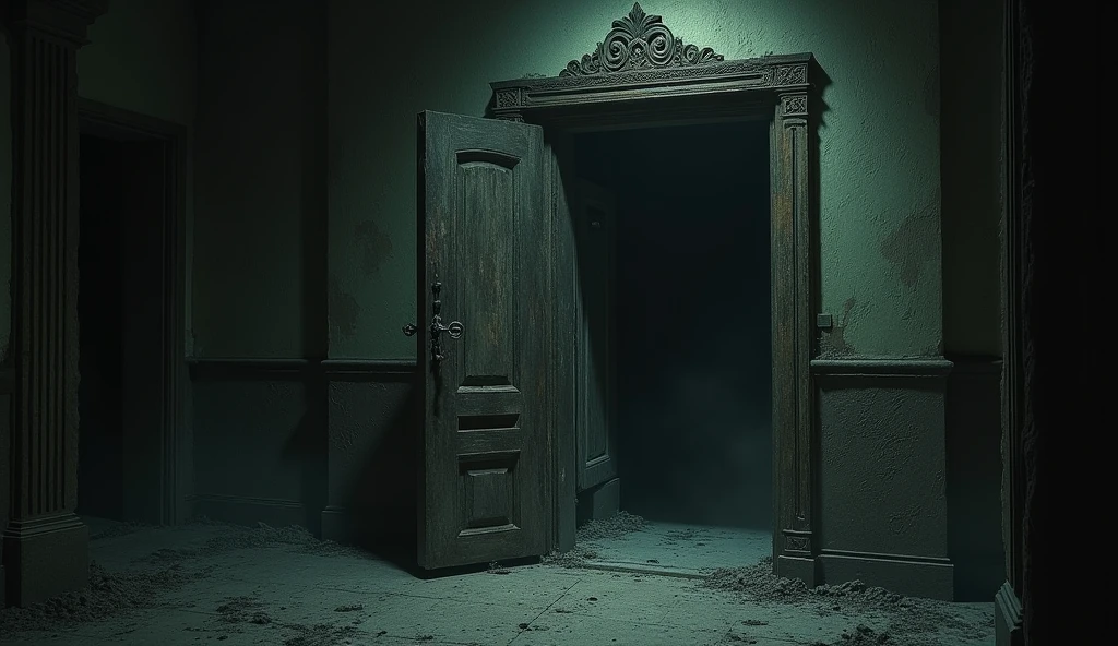 a heavy closed old door in a dimly lit corridor, slightly ajar, the hallway is filled with dust and cobwebs , and the air looks thick and oppressive
