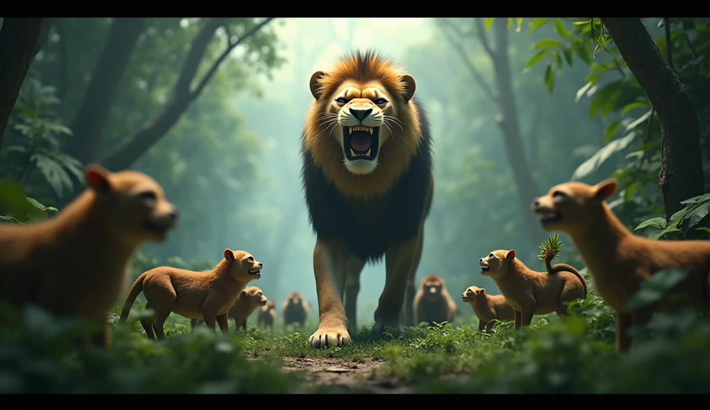 In Cinematic 3d style image " "Scene 1: The Terrifying Jungle

Description: A dense jungle filled with various animals like deer, monkeys, and birds. The atmosphere is tense as the animals look scared and huddled together. A powerful and majestic lion is seen in the background, roaring loudly with a menacing expression. The lion stands tall, symbolizing his dominance over the jungle.
Focus: Highlight the fear on the animals' faces and the imposing figure of the lion.