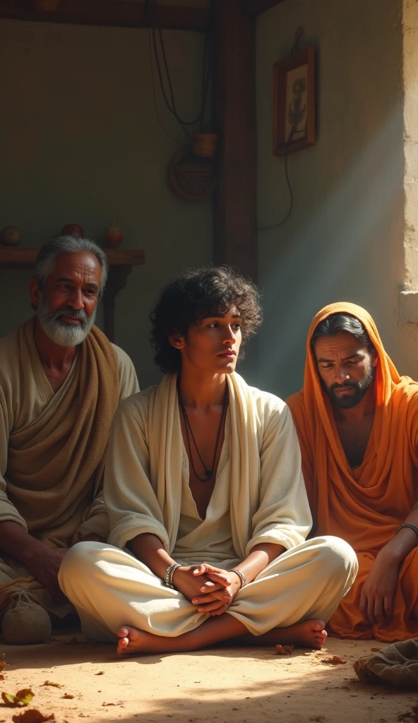 A young Ravidas, wearing simple clothes, sitting with his parents in a modest home, with a serene expression that hints at his future greatness