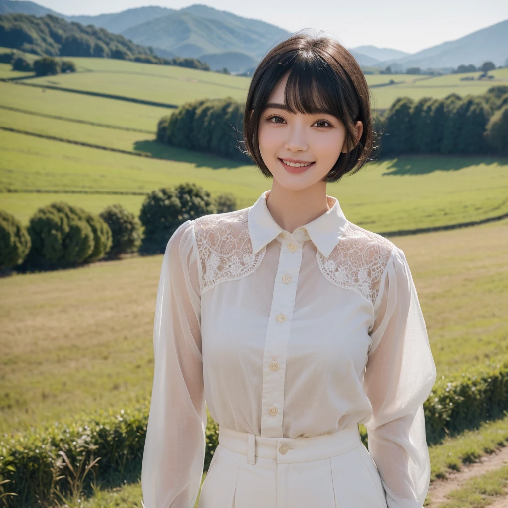 (Highest quality, masterpiece), one person, Intricate details, Beautiful detailed face, shirt, Rural landscape, blush, Open your mouth, Black Hair, short hair, Blunt bangs, Happy, Are standing, Cowboy Shot,独奏, High resolution, smile,beautiful,cute,Dimples,High resolution,