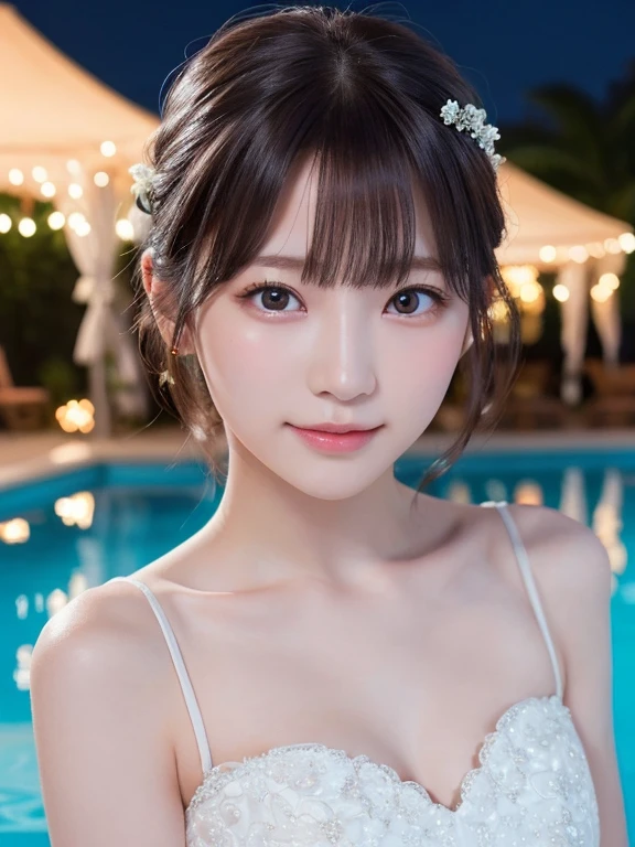 masterpiece, Highest quality, One woman, (Wedding dress:1.2)、 (RAW Photos, Highest quality), (reality, Realistic:1.4), ((Night Pool))、reality的、Professional Lighting、Face Light、Upper Body、bride、wedding、 (Highest quality, 8k, masterpiece), White flower, Delicate lace, bouquet, short hair、Brunette Hair、With bangs, A shy smile, (Embarrassing) 、very detailed eyes and face, Beautiful and detailed nose, beautiful eyes, Perfect Anatomy、 Natural Makeup、 Glowing Skin, (Light on the cheeks) ,Face Focus,