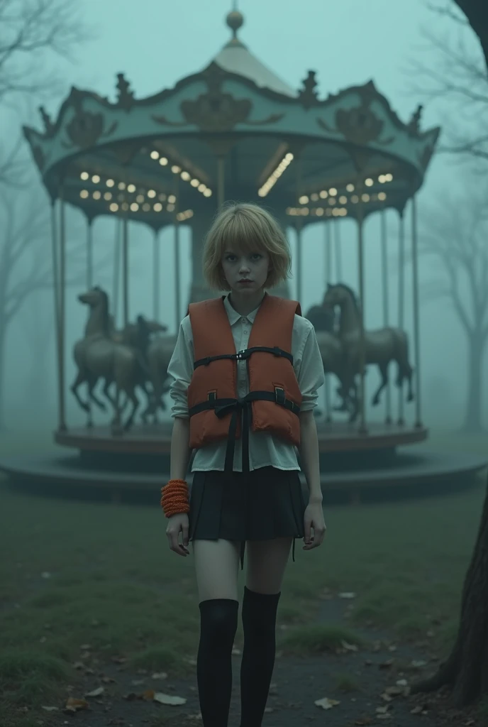 A young woman standing next to an eerie, vintage carousel in a foggy park. The scene is enveloped in thick mist, creating a haunting atmosphere, with soft and diffuse lighting that enhances the mysterious vibe. She has short blonde hair with side-swept bangs, fair skin, and expressive eyes that reflect a mix of curiosity and discomfort. She is wearing a life jacket over a blouse, a short skirt, and thigh-high boots, with an orange bracelet adding a splash of color. The setting is eerie and mysterious, characterized by soft, diffuse lighting that enhances the spooky atmosphere.The composition employs a shallow depth of field, captured with a Nikon Z7 II camera using a 50mm lens, ensuring detailed textures  clothing and the carousel while maintaining a dreamlike quality."