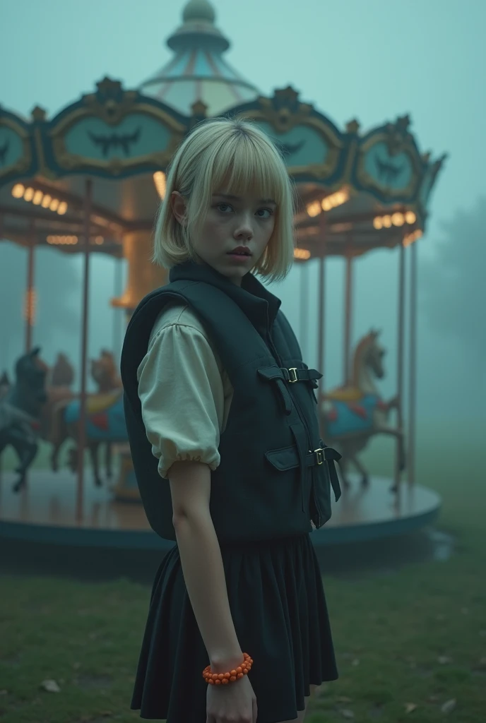 A young woman standing next to an eerie, vintage carousel in a foggy park. The scene is enveloped in thick mist, creating a haunting atmosphere, with soft and diffuse lighting that enhances the mysterious vibe. She has short blonde hair with side-swept bangs, fair skin, and expressive eyes that reflect a mix of curiosity and discomfort. She is wearing a life jacket over a blouse, a short skirt, and thigh-high boots, with an orange bracelet adding a splash of color. The setting is eerie and mysterious, characterized by soft, diffuse lighting that enhances the spooky atmosphere.The composition employs a shallow depth of field, captured with a Nikon Z7 II camera using a 50mm lens, ensuring detailed textures  clothing and the carousel while maintaining a dreamlike quality."